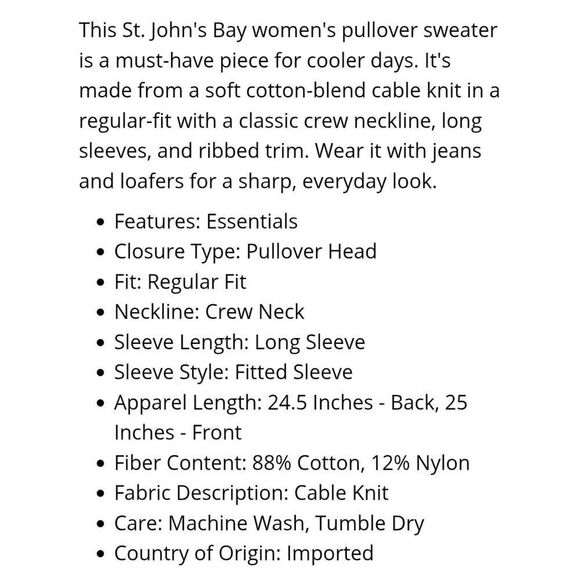 St. John's Bay Crew Neck Long Sleeve Cable Knit Pullover Sweater sz S - Picture 2 of 10